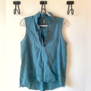 XCVI teal lace up front tunic blouse with frayed hem detail size extra small